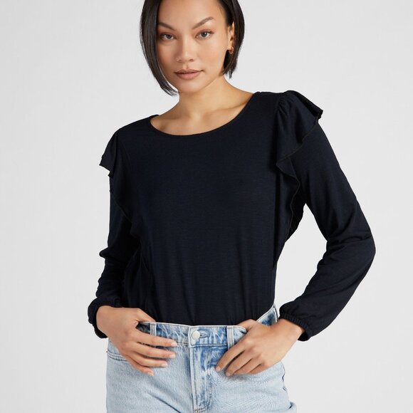 Long sleeve flutter slub top in black - Picture 1 of 4
